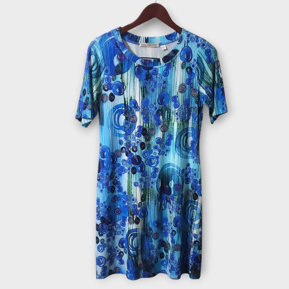 Snoskins Womens Blue Abstract Geometric Print Short Sleeve Shift Dress Size XS